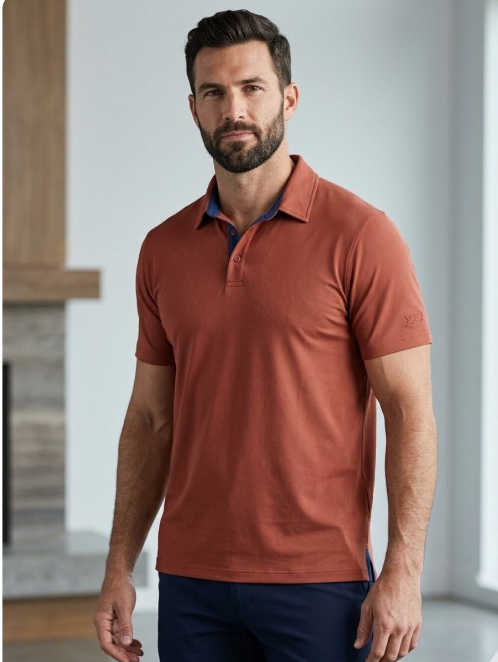 Rhone Delta Pique Performance Golf Polo Terracotta Rust Navy Collar XXL